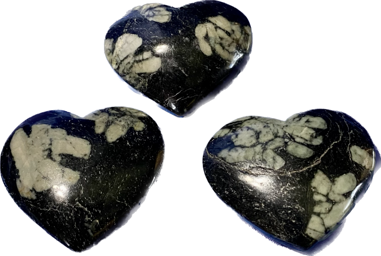 Chrysanthemum Stone Heart Figurines l1-3 - polished black white stone sculptures