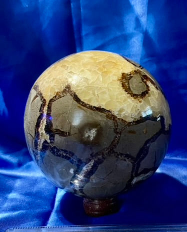 Septarian Sphere l1  - polished, patterned yellow, cream and gray stone sculpture