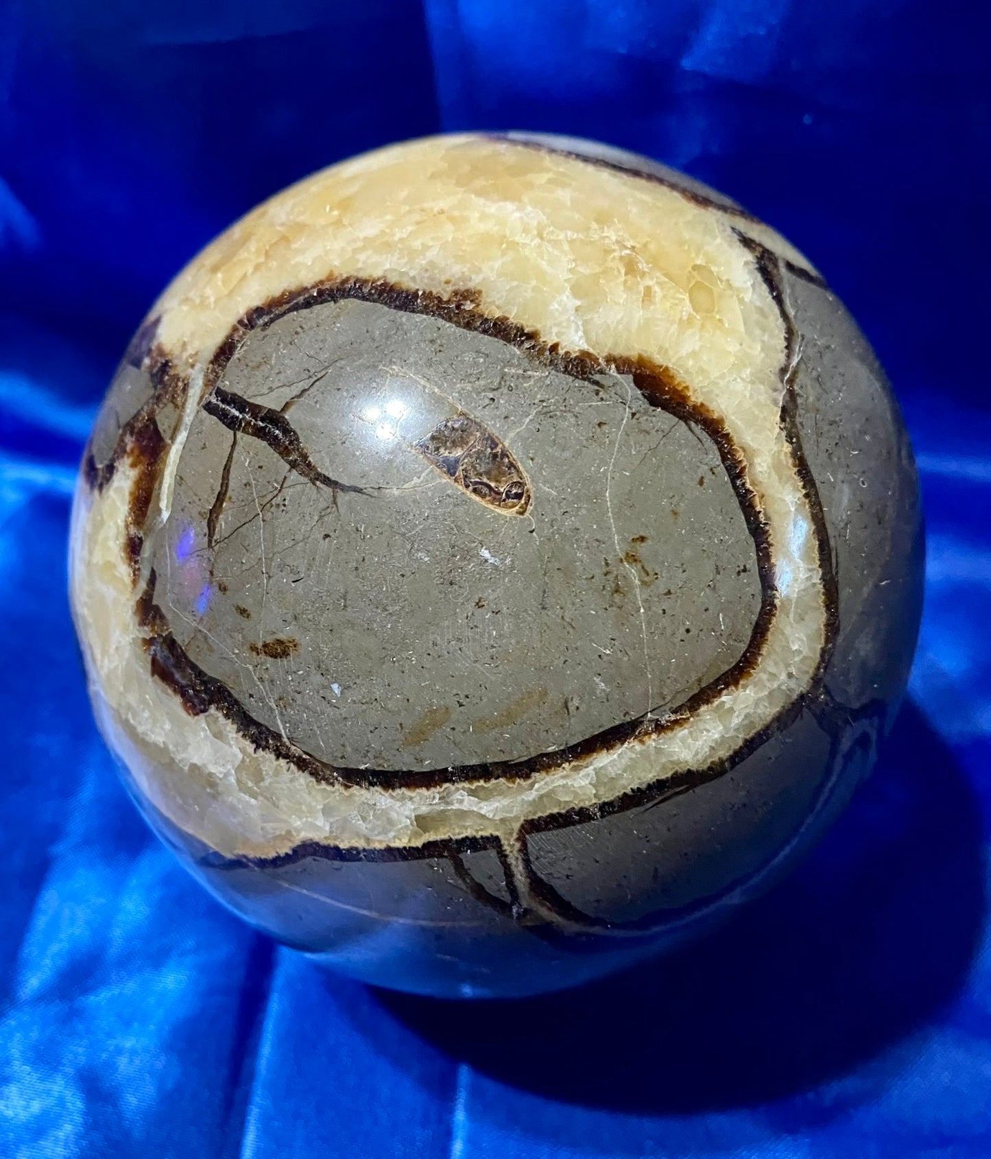 Septarian Sphere l1  - polished, patterned yellow, cream and gray stone sculpture