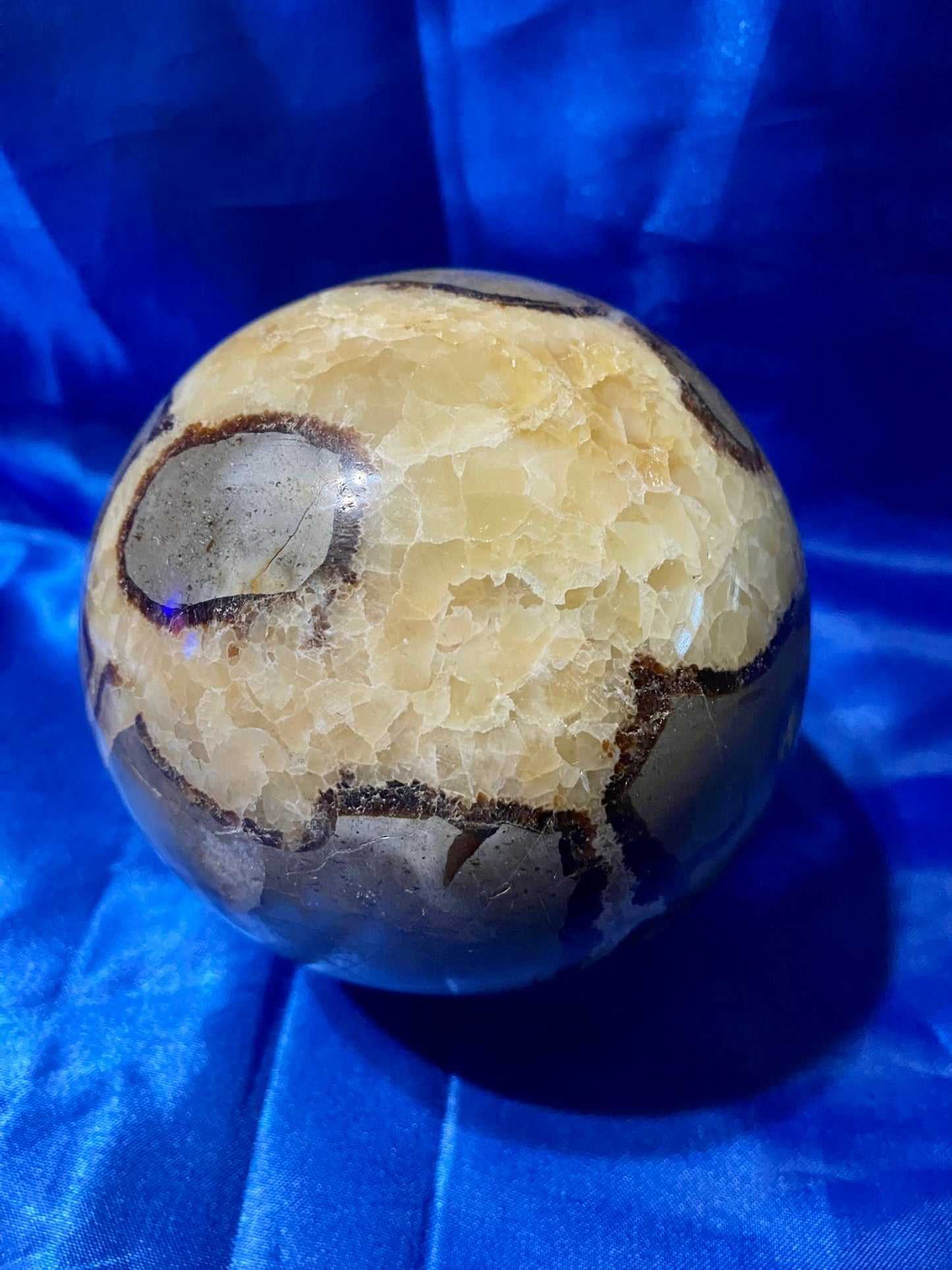 Septarian Sphere l1  - polished, patterned yellow, cream and gray stone sculpture