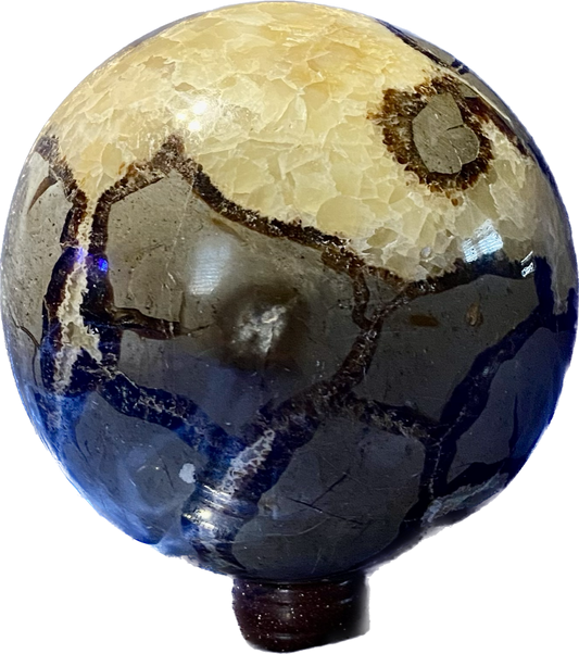 Septarian Sphere l1  - polished, patterned yellow, cream and gray stone sculpture