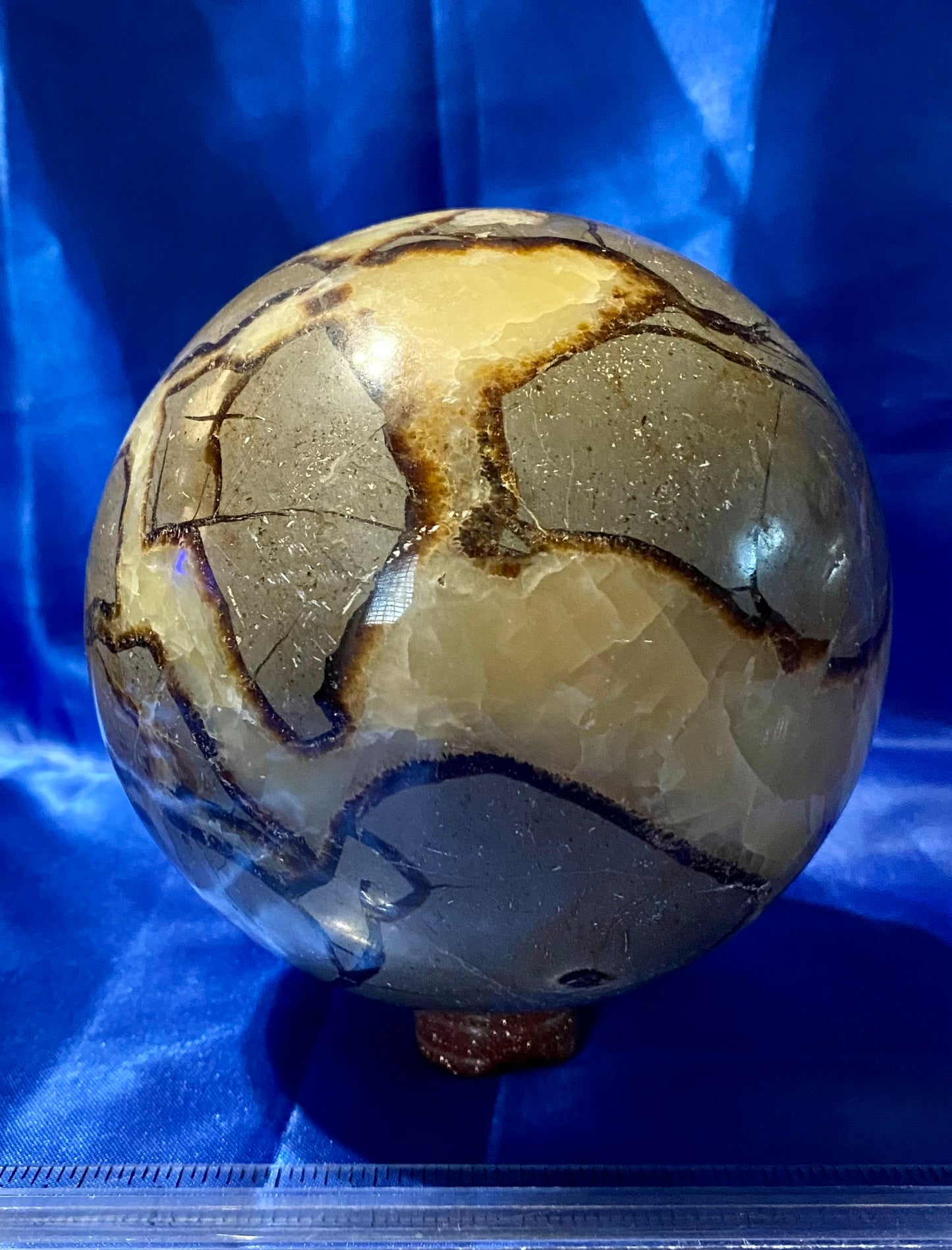 Septarian Sphere l2  - polished, patterned yellow, cream and gray stone sculpture