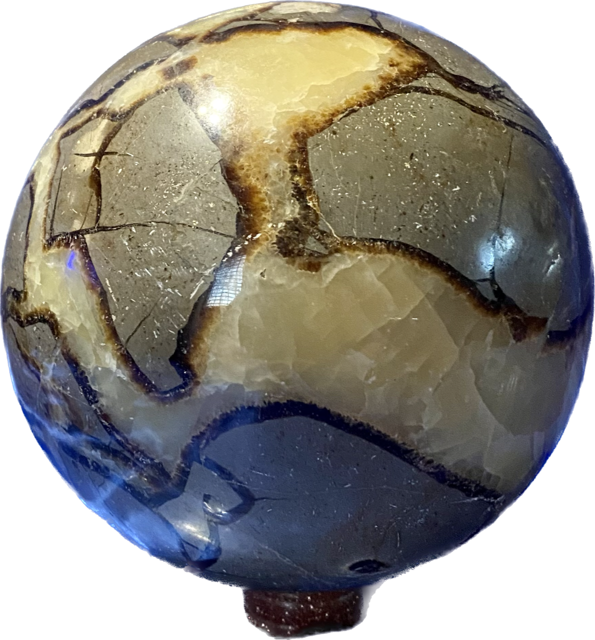 Septarian Sphere l2  - polished, patterned yellow, cream and gray stone sculpture