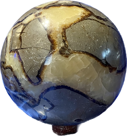 Septarian Sphere l2  - polished, patterned yellow, cream and gray stone sculpture