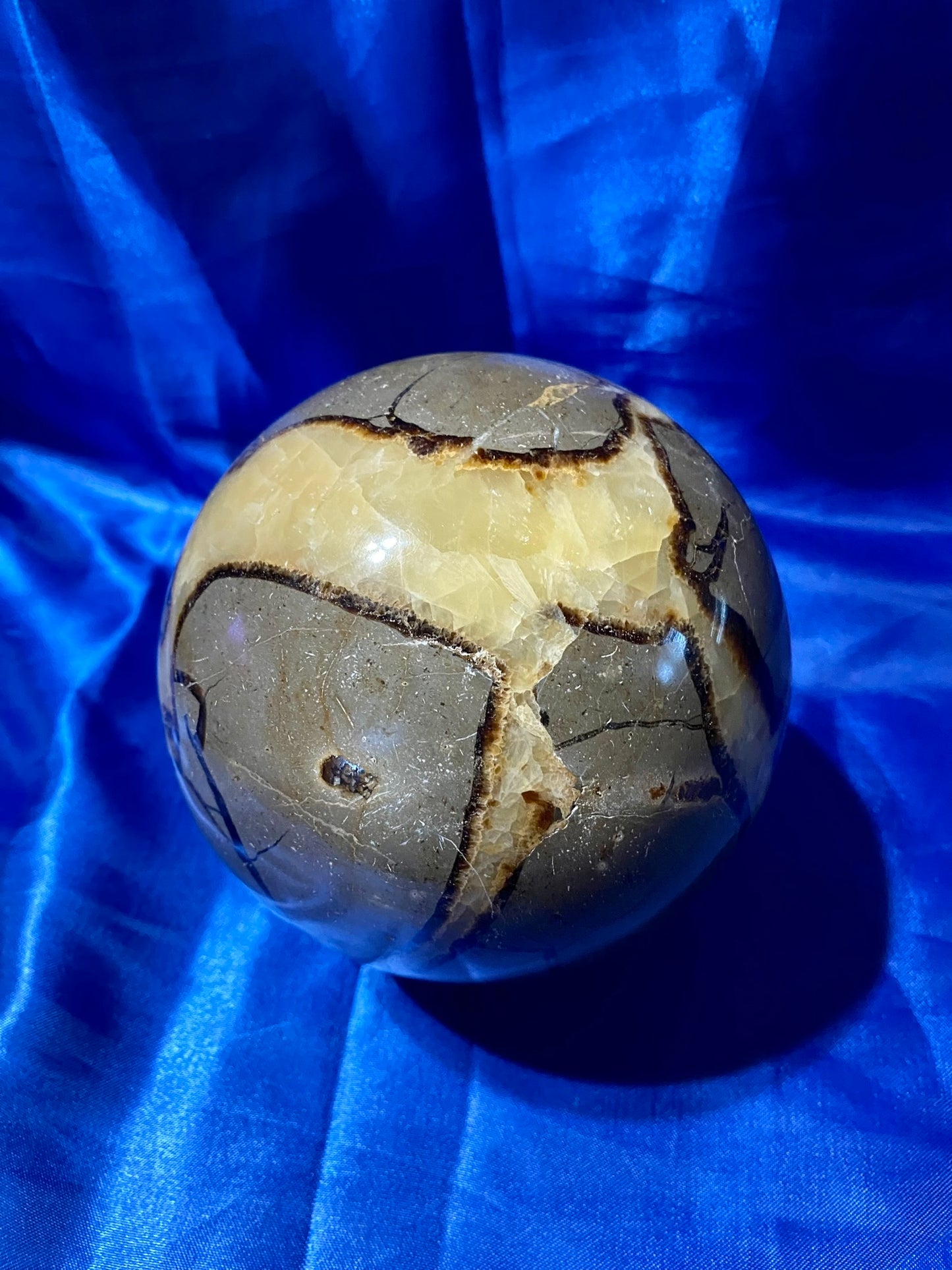 Septarian Sphere l2  - polished, patterned yellow, cream and gray stone sculpture