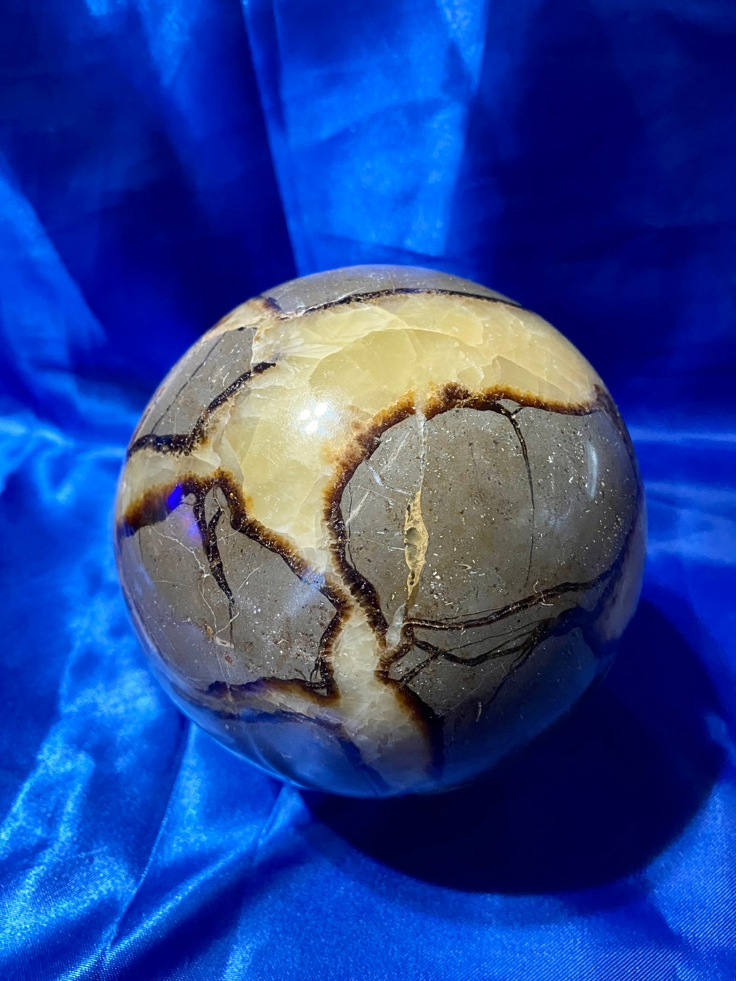 Septarian Sphere l2  - polished, patterned yellow, cream and gray stone sculpture