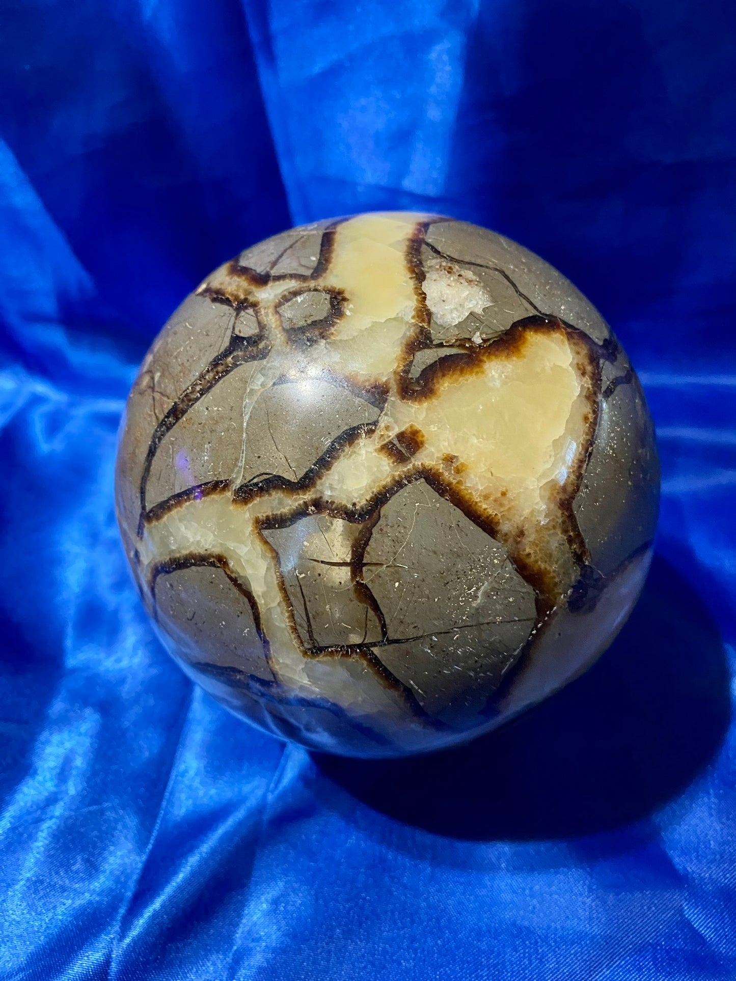 Septarian Sphere l2  - polished, patterned yellow, cream and gray stone sculpture