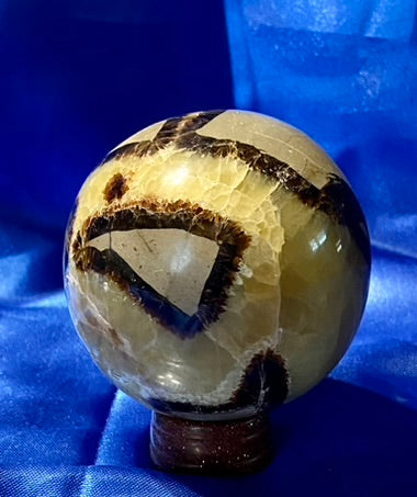 Septarian Sphere s5,6  - polished, patterned yellow, cream and gray stone sculpture