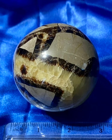 Septarian Sphere s5,6  - polished, patterned yellow, cream and gray stone sculpture