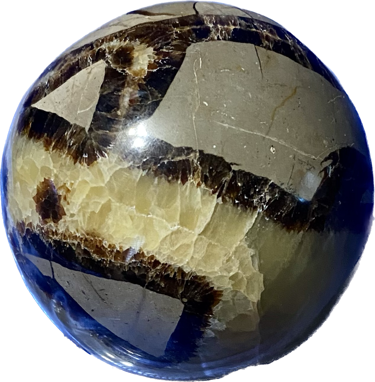 Septarian Sphere s5,6  - polished, patterned yellow, cream and gray stone sculpture