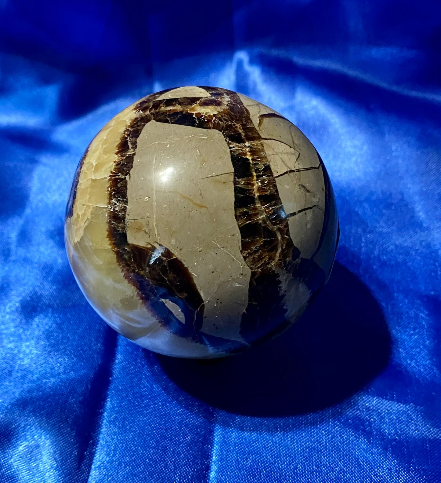 Septarian Sphere s5,6  - polished, patterned yellow, cream and gray stone sculpture