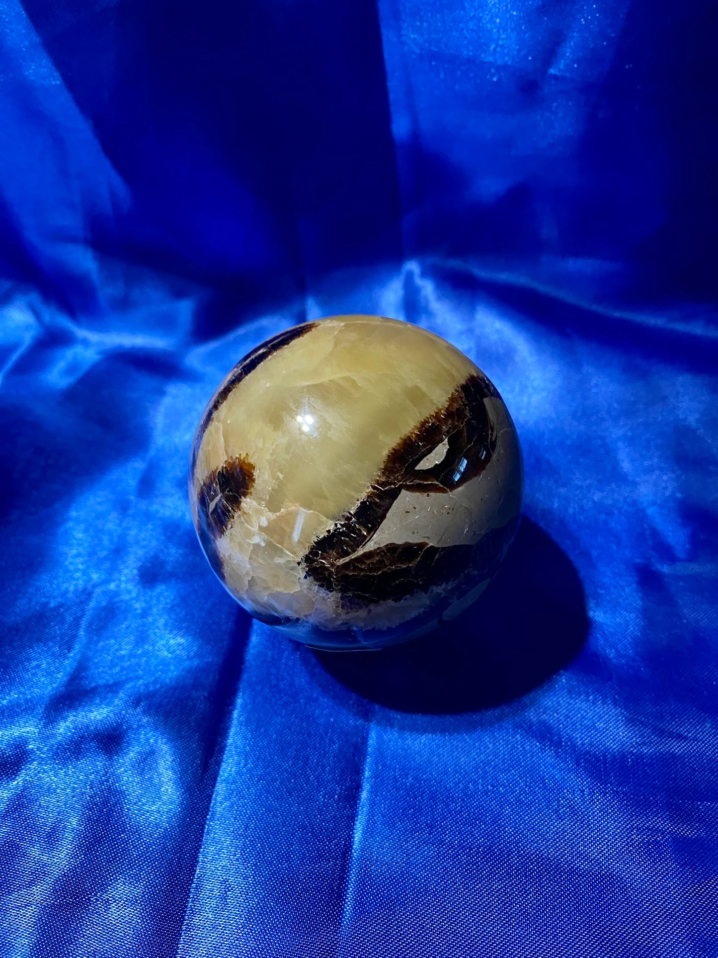 Septarian Sphere s5,6  - polished, patterned yellow, cream and gray stone sculpture