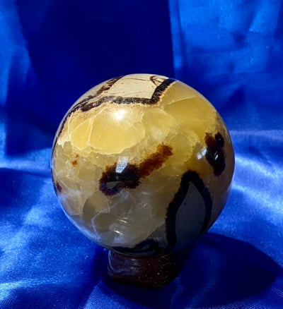 Septarian Sphere s5,6  - polished, patterned yellow, cream and gray stone sculpture