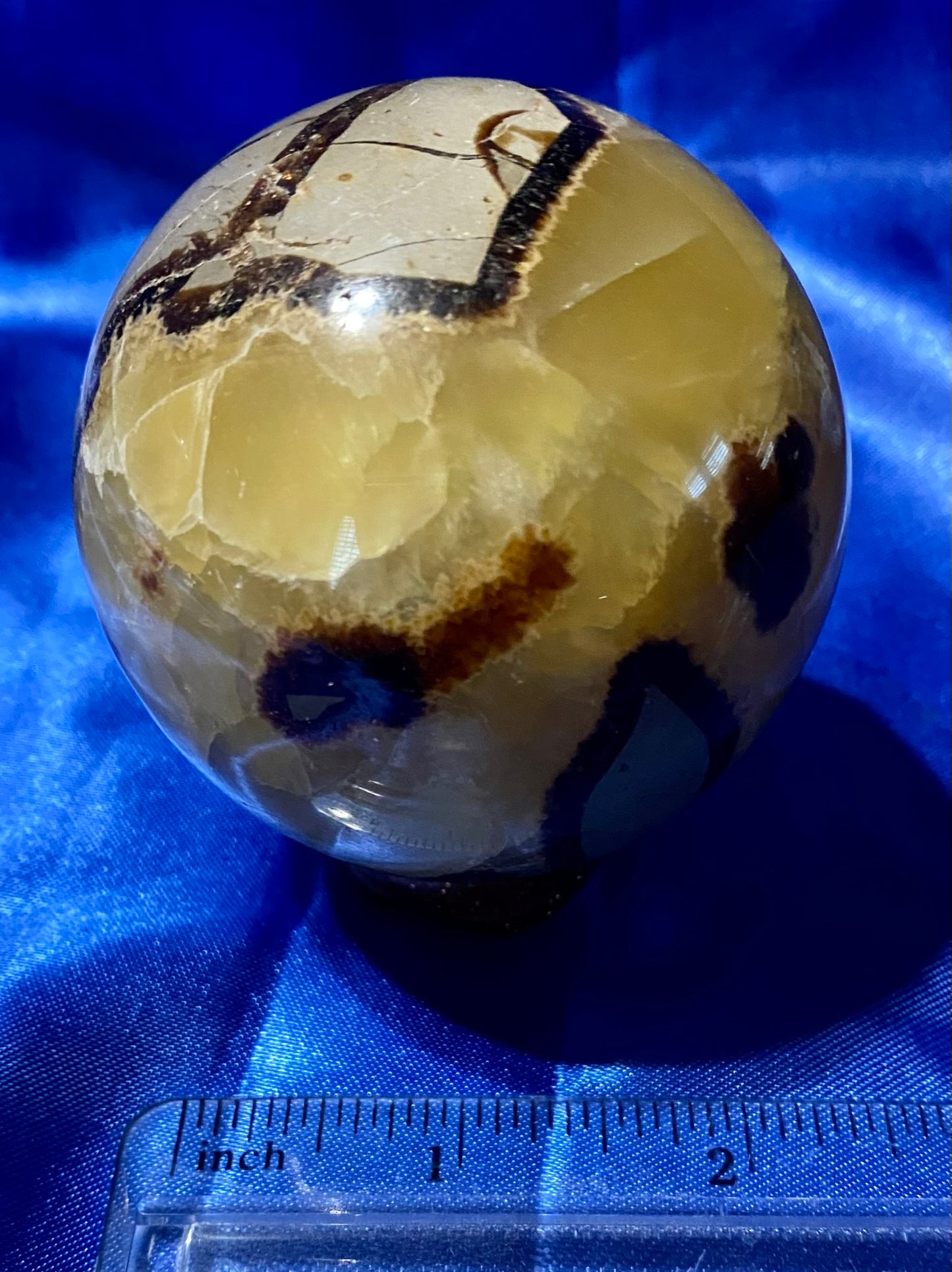 Septarian Sphere s5,6  - polished, patterned yellow, cream and gray stone sculpture