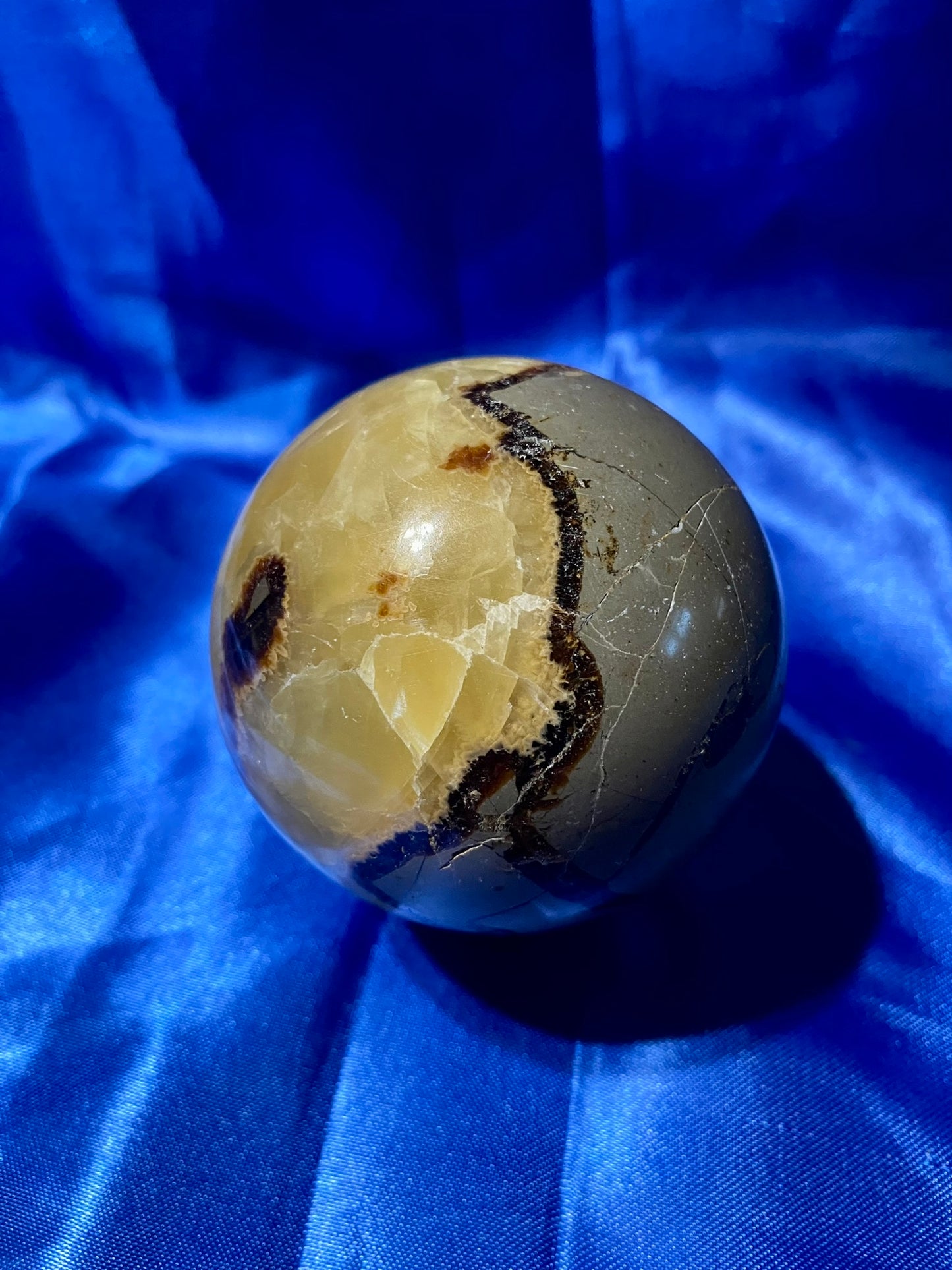 Septarian Sphere s5,6  - polished, patterned yellow, cream and gray stone sculpture