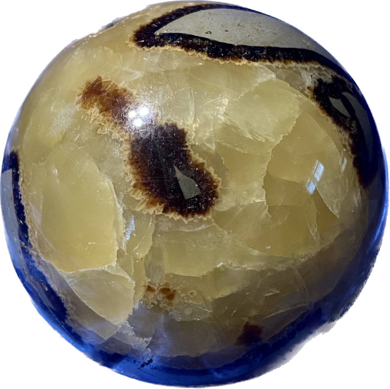 Septarian Sphere s5,6  - polished, patterned yellow, cream and gray stone sculpture