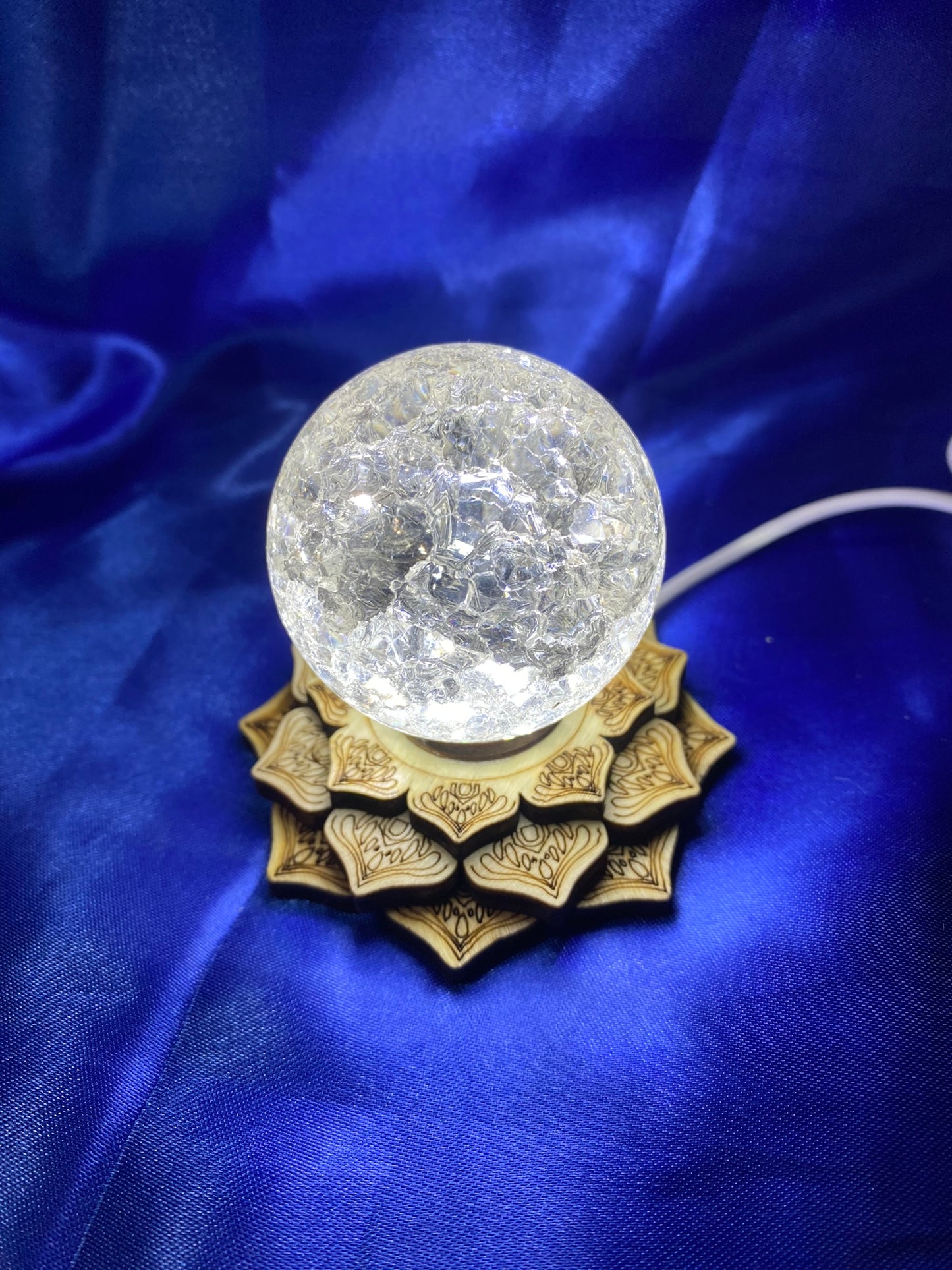 Lotus Lighted Sphere or Tower Holder - 4 level etched wood with White or multi LED lights