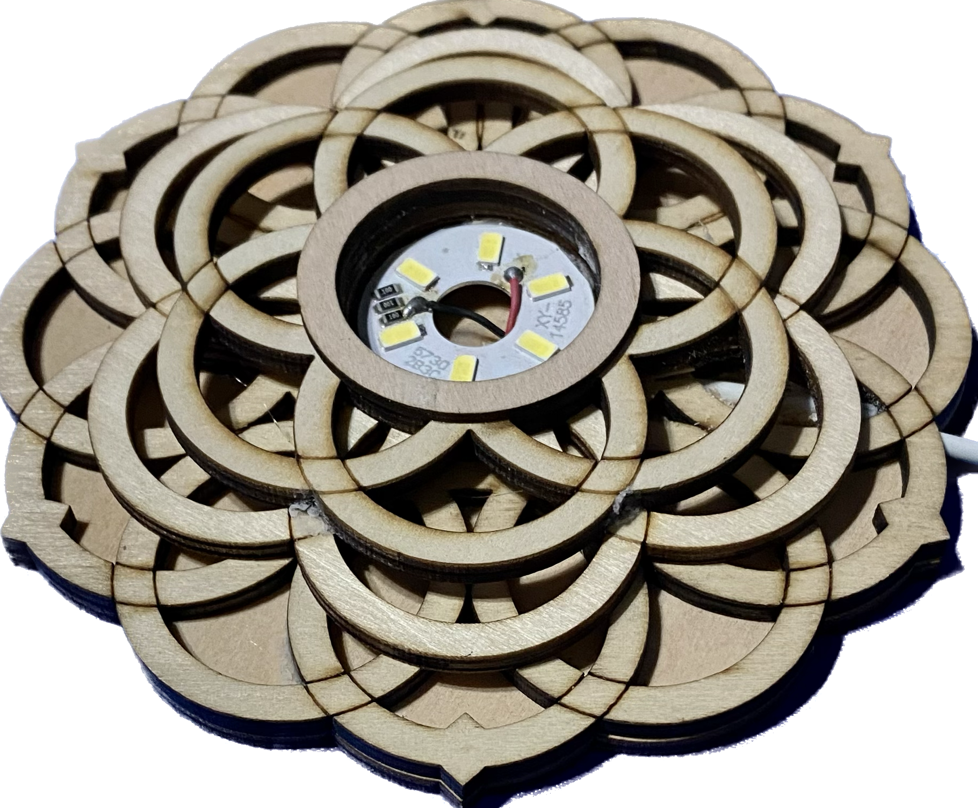 Large Lighted Sphere or Tower Display Stand, Overlapping-Circle Flower  - 4 level etched wood with White LED lights