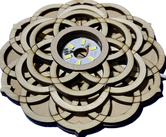 Large Lighted Sphere or Tower Display Stand, Overlapping-Circle Flower  - 4 level etched wood with White LED lights