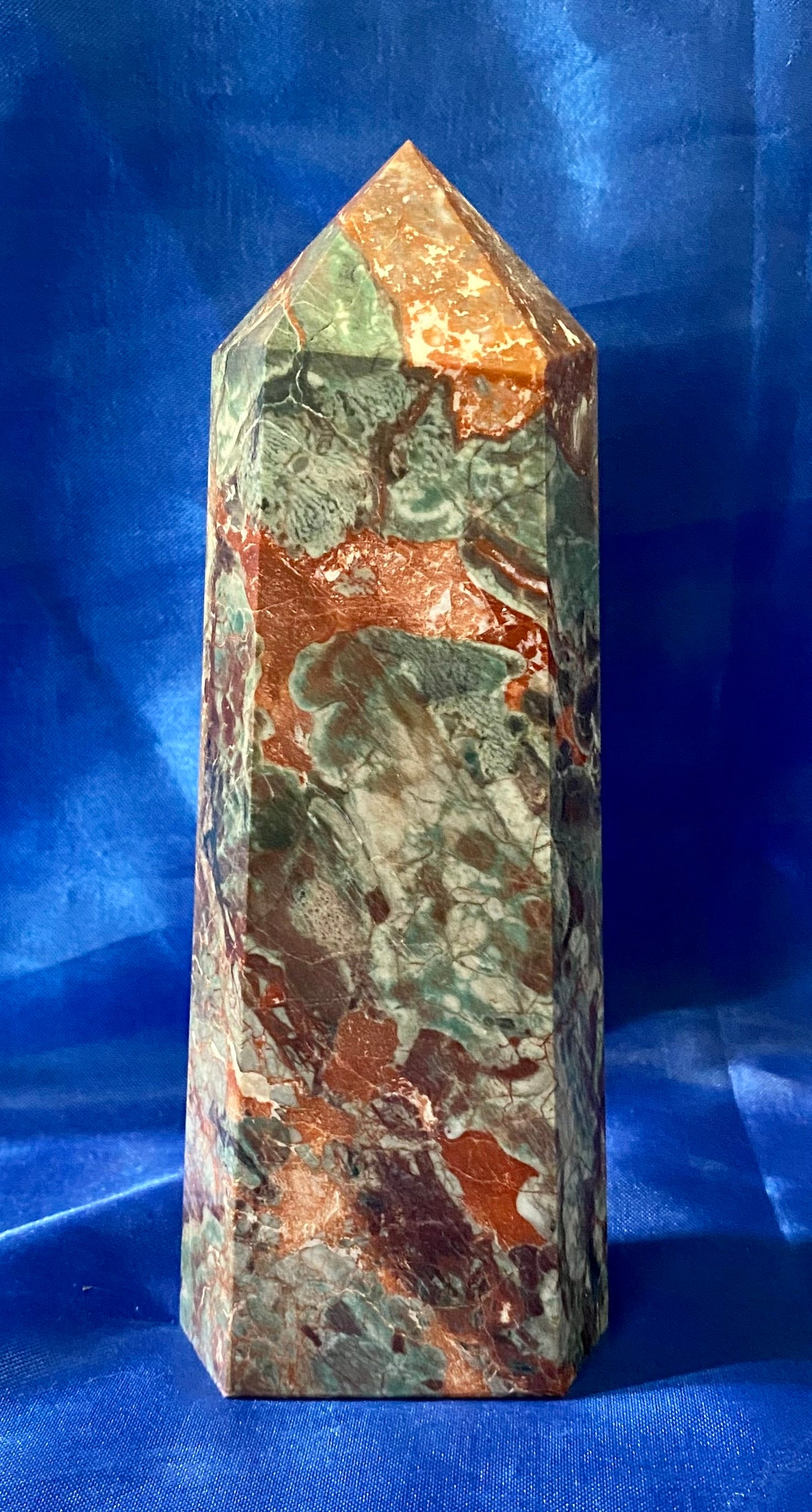 Money Agate Tower (AKA heliotrope or bloodstone) polished stone sculpture