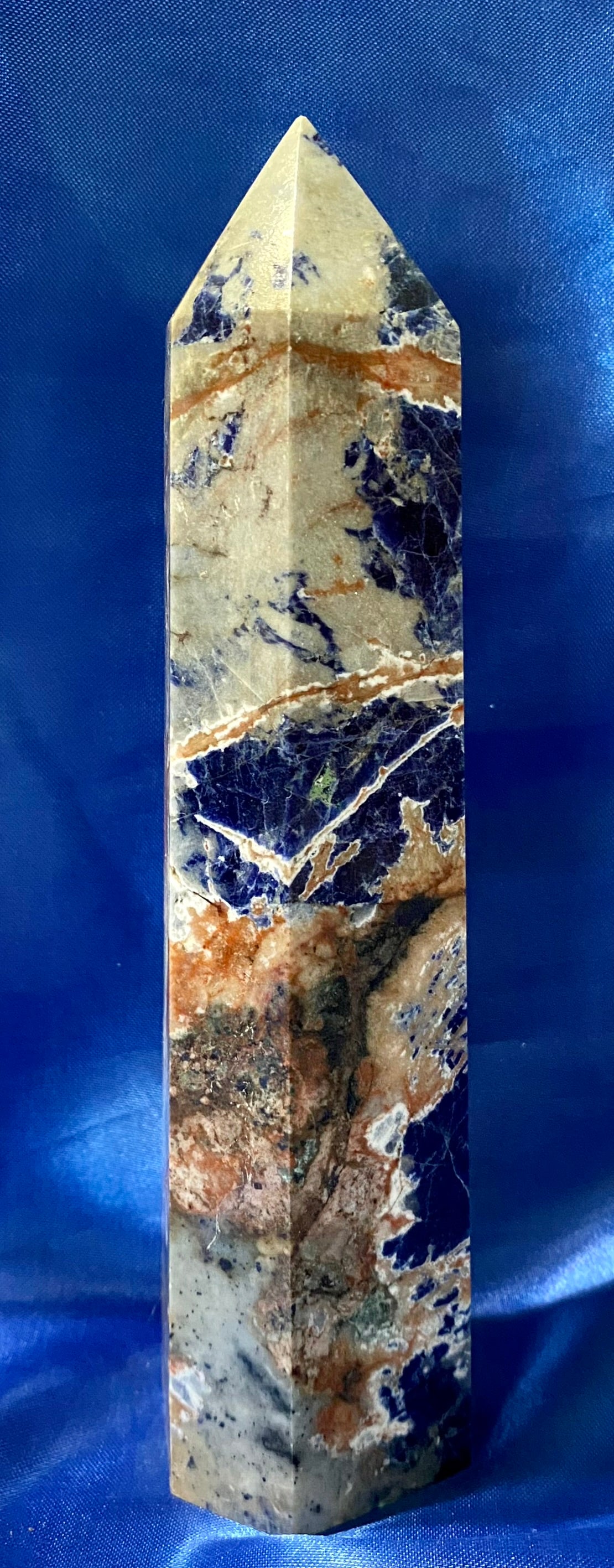 Sunset Sodalite Tower - Brilliant orange and blue polished stone sculpture