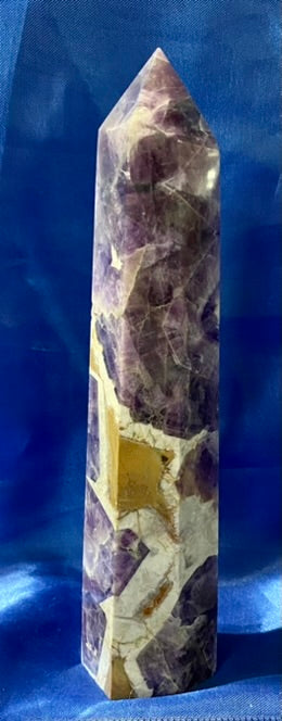 Dream Amethyst Tower (AKA  Chevon or Spirit Amethyst) - purple, white & gold polished stone sculpture