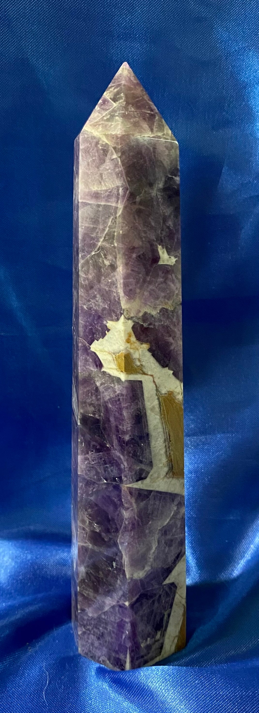 Dream Amethyst Tower (AKA  Chevon or Spirit Amethyst) - purple, white & gold polished stone sculpture