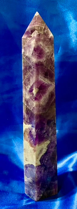 Dream Amethyst Tower (AKA  Chevon or Spirit Amethyst) - purple, white & gold polished stone sculpture