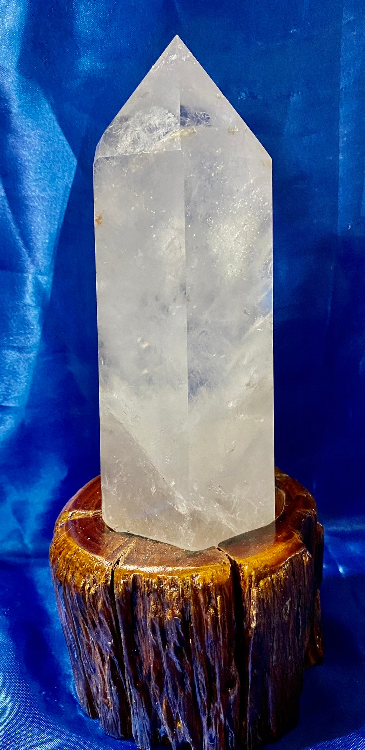 Clear Quartz Tower with Custom-Carved Wooden Stand