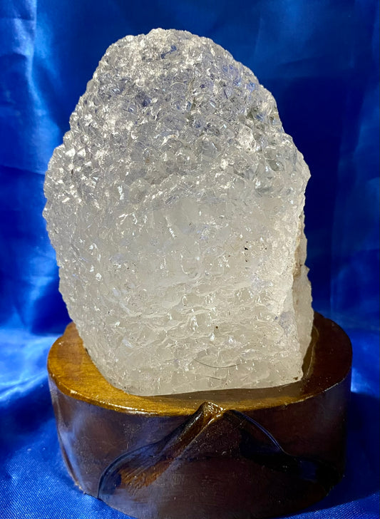 Clear Quartz Freeform with Custom-Carved Wooden Stand - AKA Rock Candy Quartz Sculpture