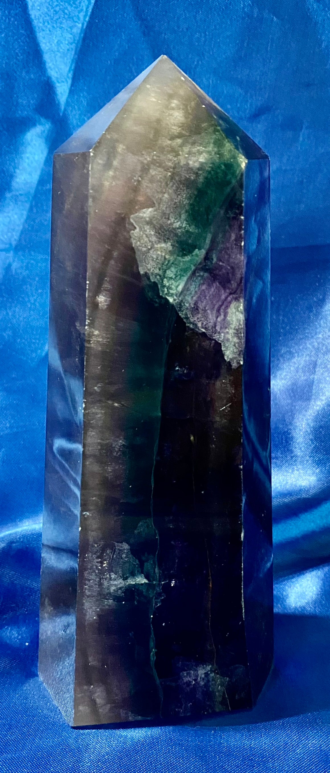 Fluorite Tower 7 - purple, blue, green, and white polished stone sculpture