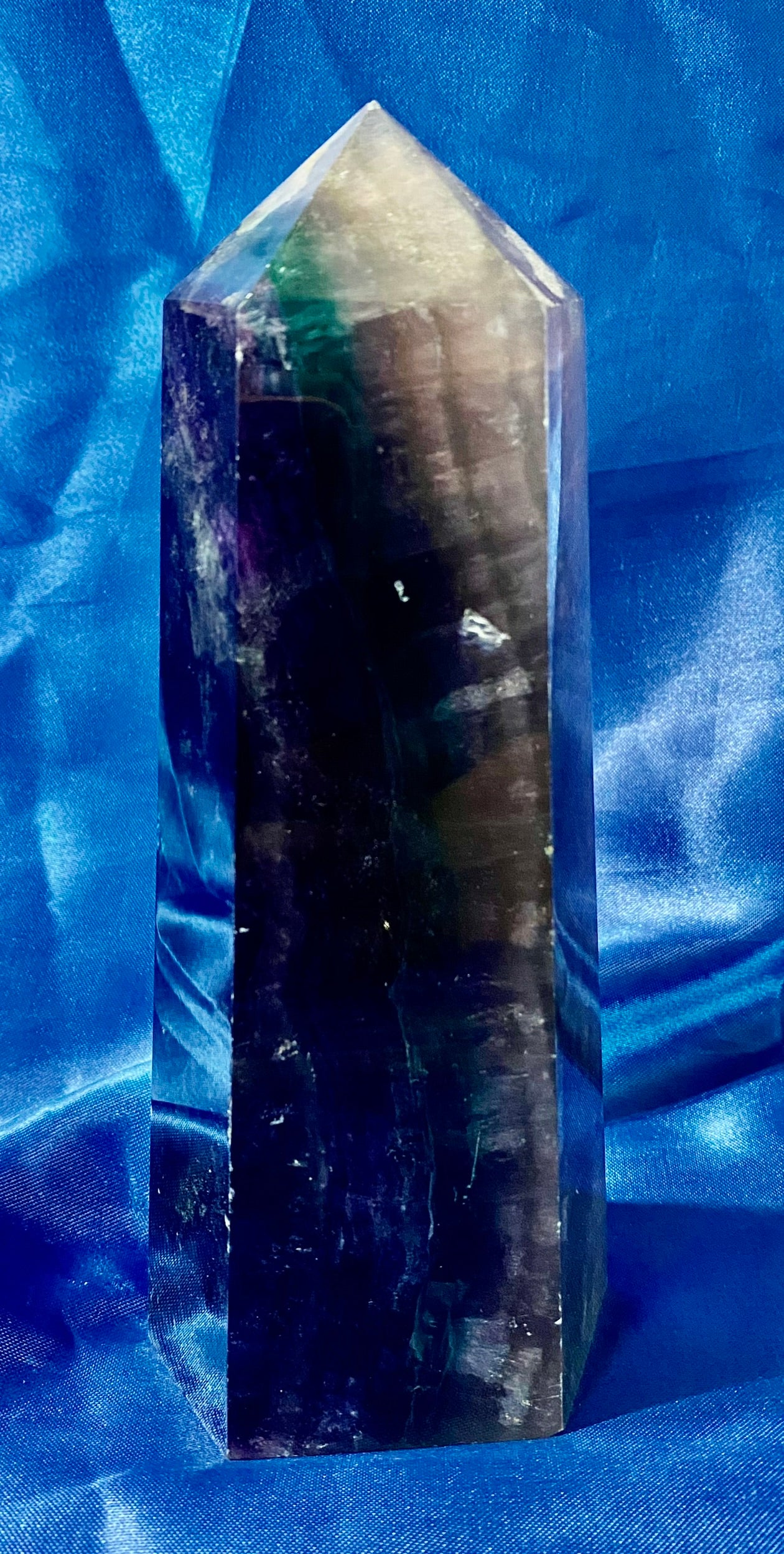 Fluorite Tower 7 - purple, blue, green, and white polished stone sculpture