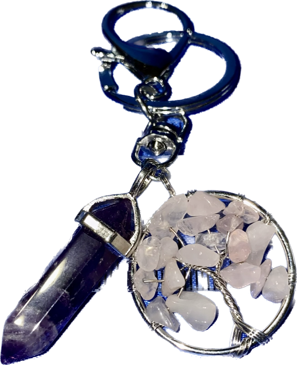 Crystal Point and Gemstone Chip Tree Keychain - polished stone and metal