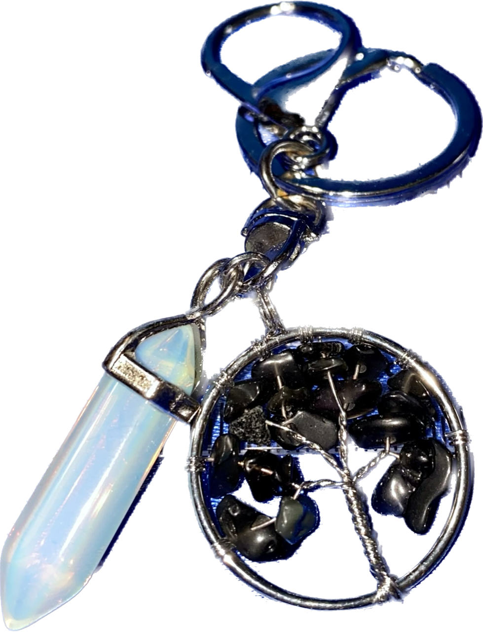 Crystal Point and Gemstone Chip Tree Keychain - polished stone and metal