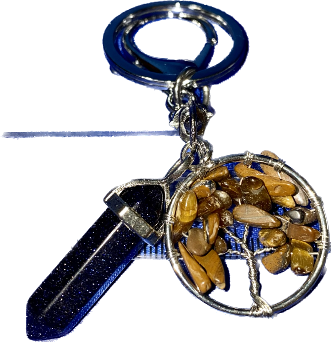 Crystal Point and Gemstone Chip Tree Keychain - polished stone and metal