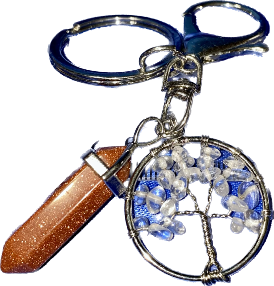 Crystal Point and Gemstone Chip Tree Keychain - polished stone and metal