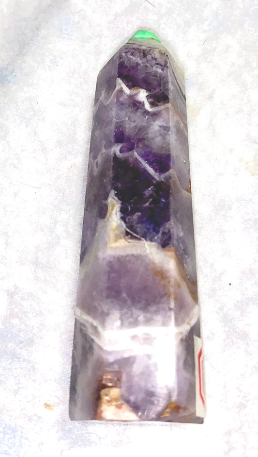 Chevron Amethyst Point 1s  - purple white polished stone mini-tower sculpture