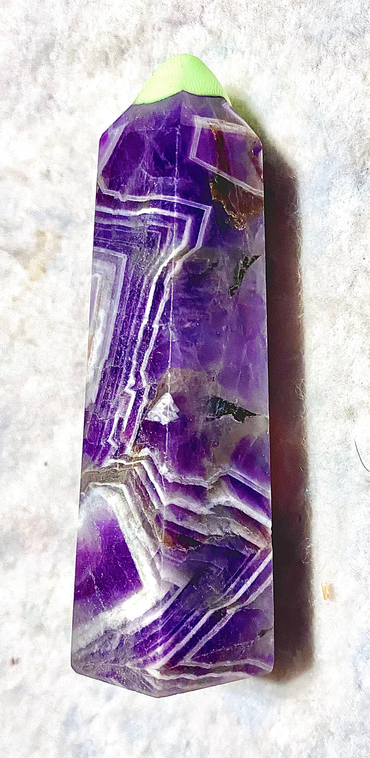 Dream Amethyst Tower (AKA  Chevon or Spirit Amethyst) - purple & white polished stone sculpture