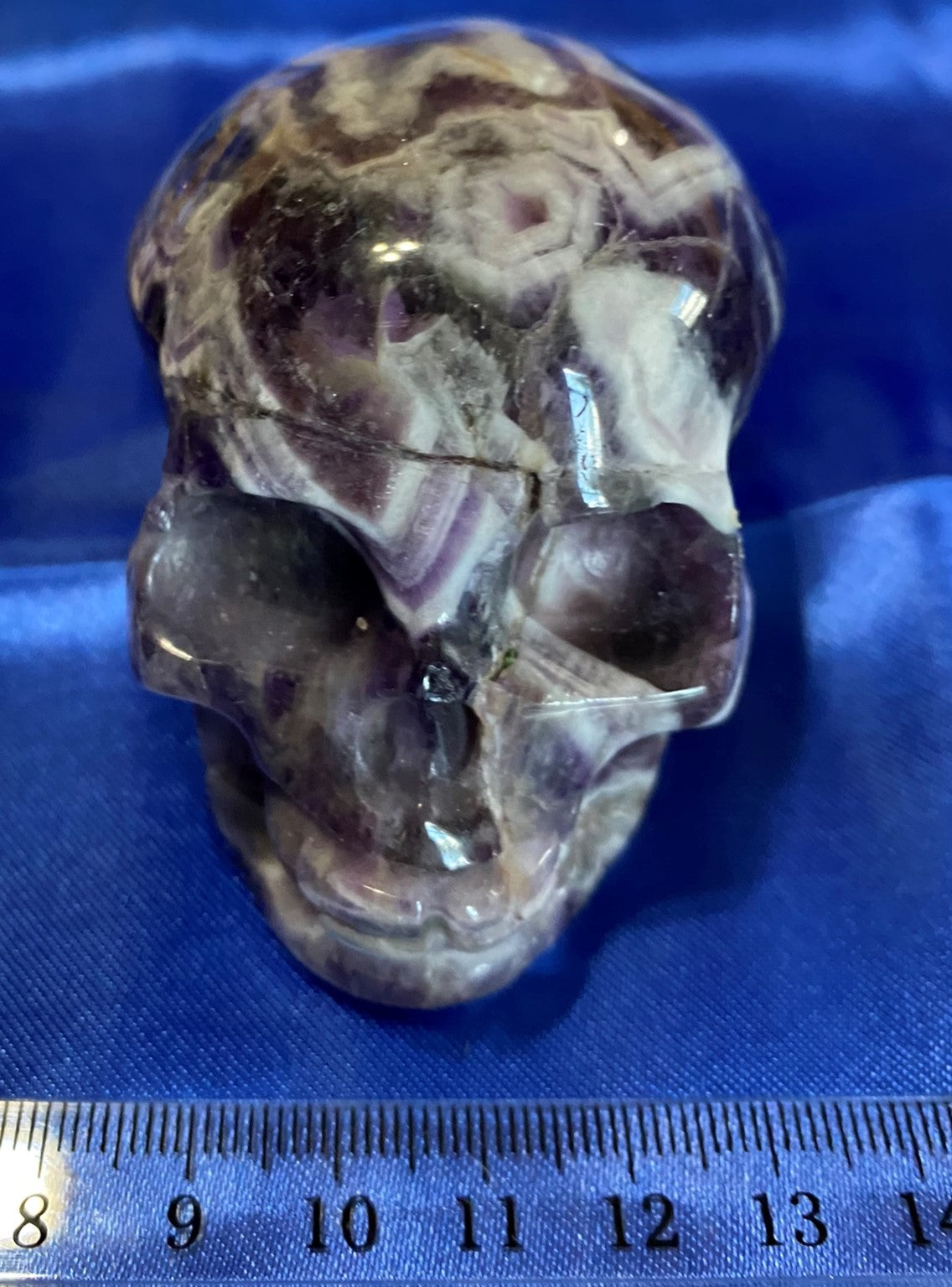 Large Chevron Amethyst Skull (Dream Amethyst) Statue 1 - Halloween decor, spooky polished stone sculpture