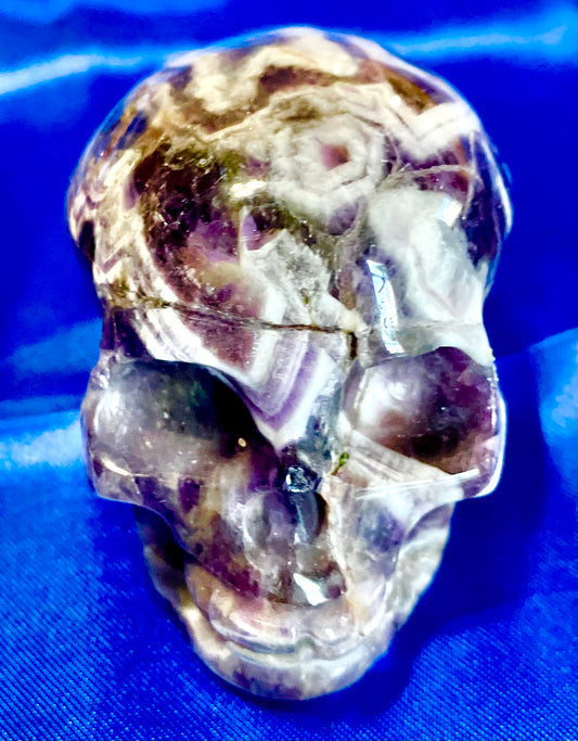 Large Chevron Amethyst Skull (Dream Amethyst) Statue 1 - Halloween decor, spooky polished stone sculpture