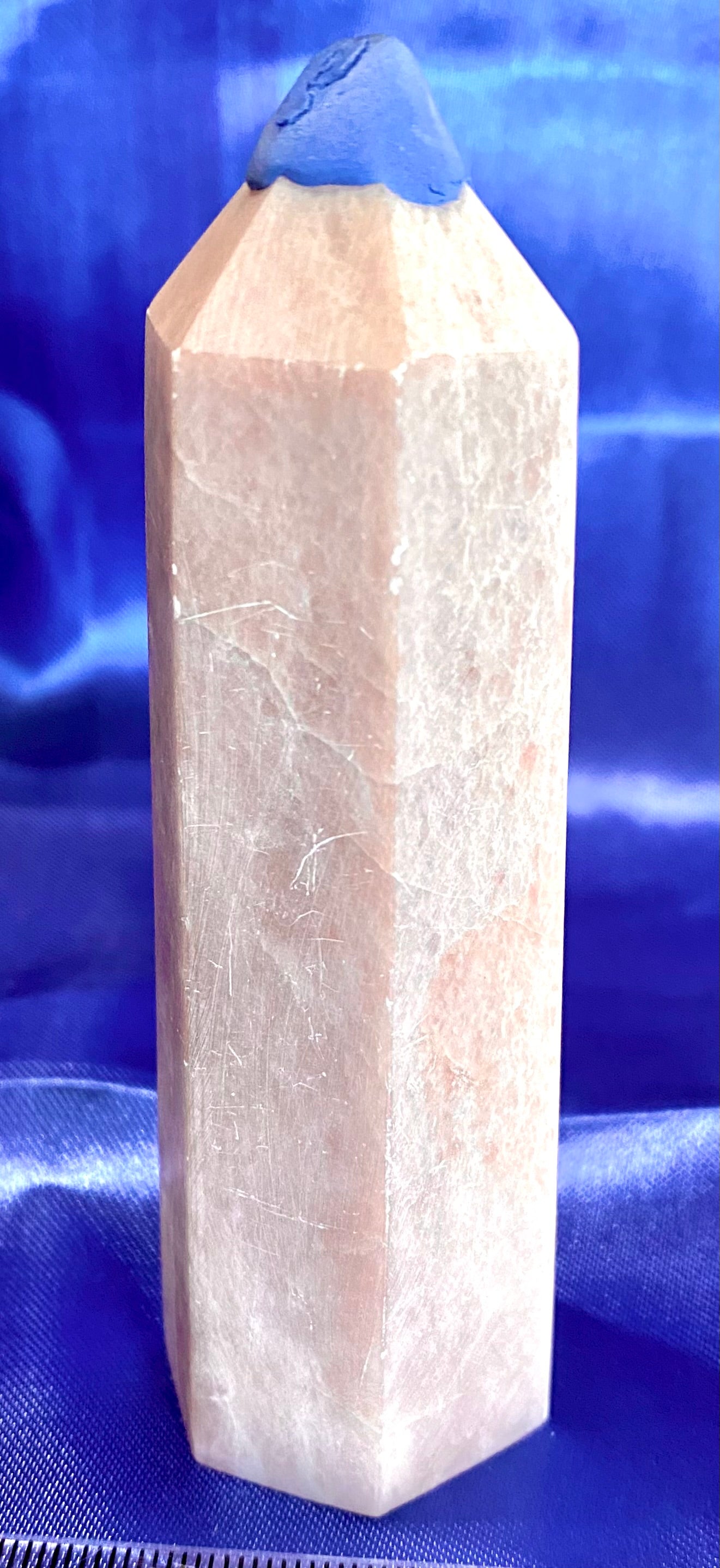 Pink Opal Point 1m - polished pink white stone mini-tower sculpture