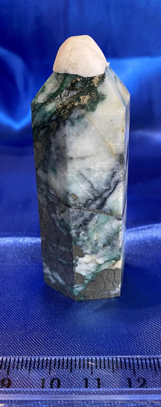 Green Pyrite Point - polished green white silver stone mini-tower sculpture