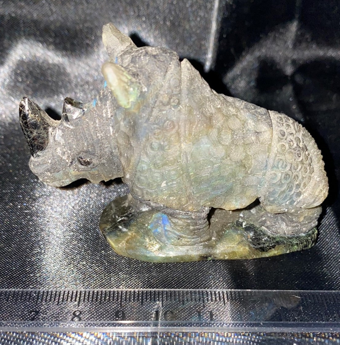 Labradorite Rhinoceros Figurine - polished blue pink gold flash stone sculpture