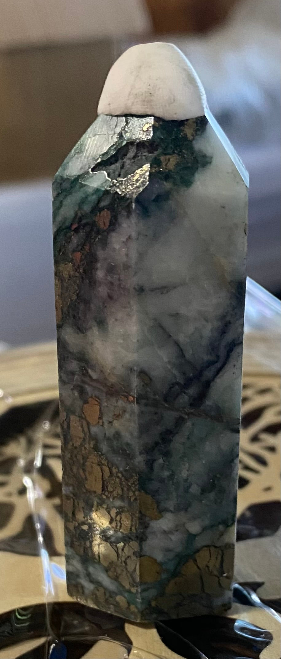 Green Pyrite Point - polished green white silver stone mini-tower sculpture