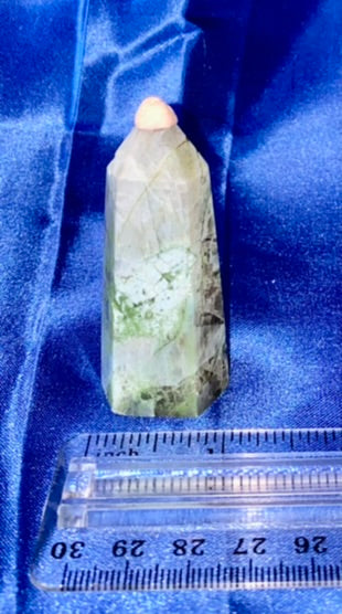 Green Moonstone Point 1  - polished green white flash stone mini-tower sculpture