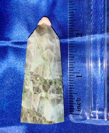 Green Moonstone Point 1  - polished green white flash stone mini-tower sculpture