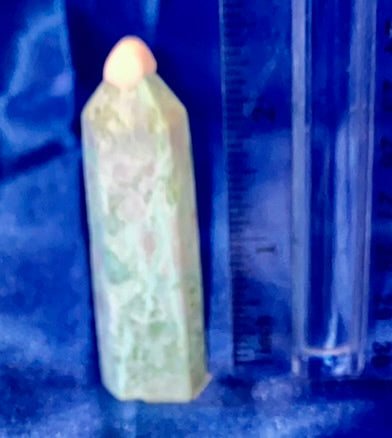 Green Moonstone Point 2 - polished green white flash stone mini-tower sculpture