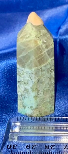 Green Moonstone Point 6 - polished green white flash stone mini-tower sculpture