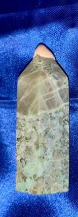 Green Moonstone Point 6 - polished green white flash stone mini-tower sculpture