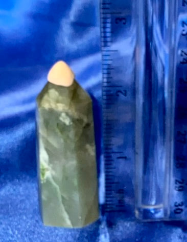 Green Moonstone Point 8 - polished green white flash stone mini-tower sculpture